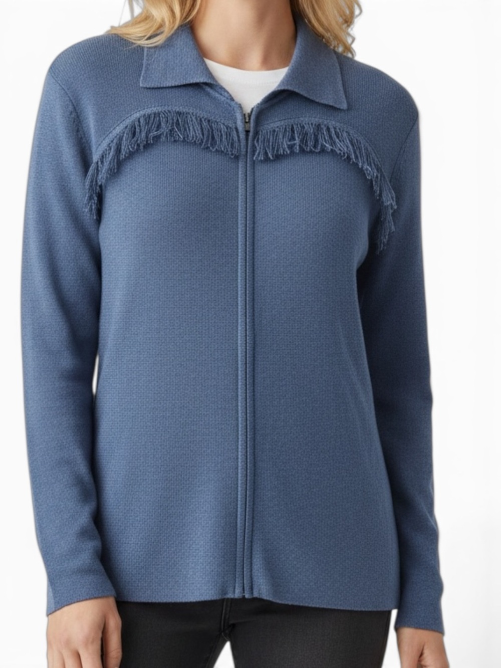 Vintage Double D Ranch Blue Linen Blend Zip Fringe Trim Sweater Jacket Sz XL